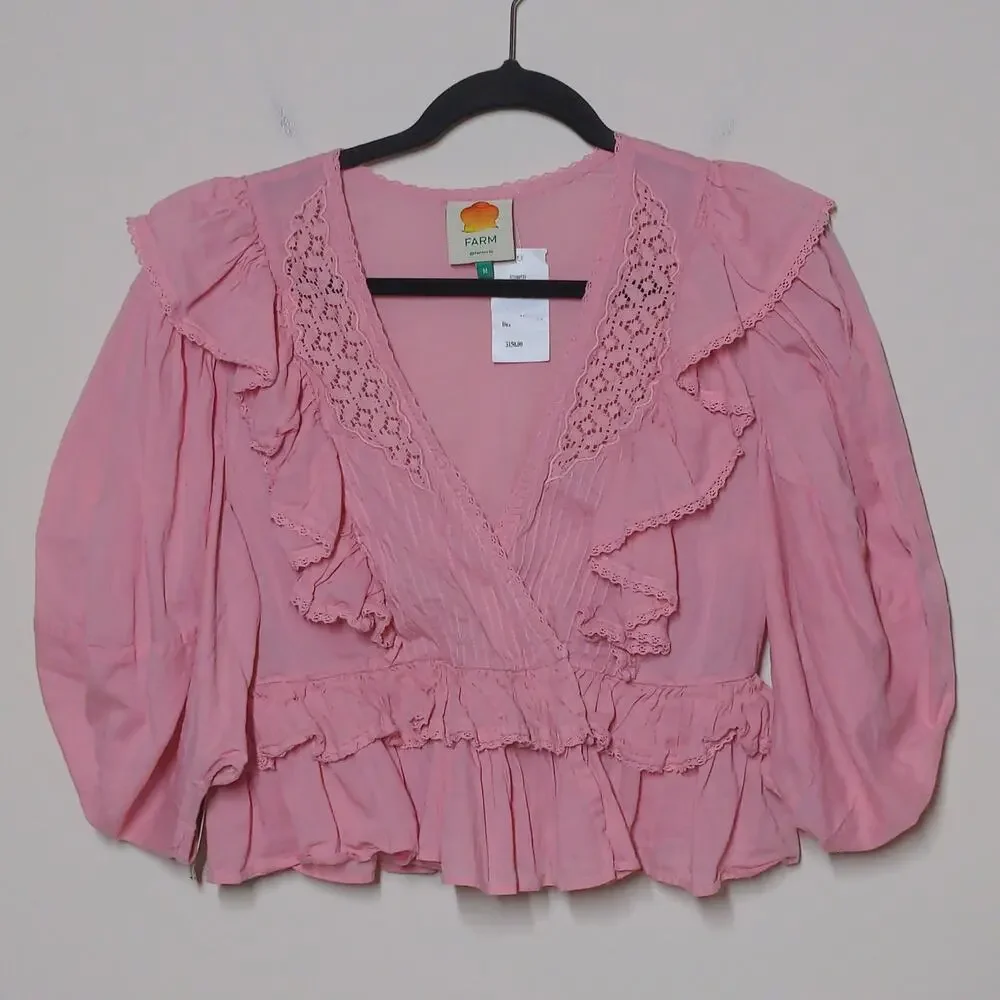 Farm Rio Puff-sleeve Ruffle Cotton Blouse In Pink – Size M– NWT
